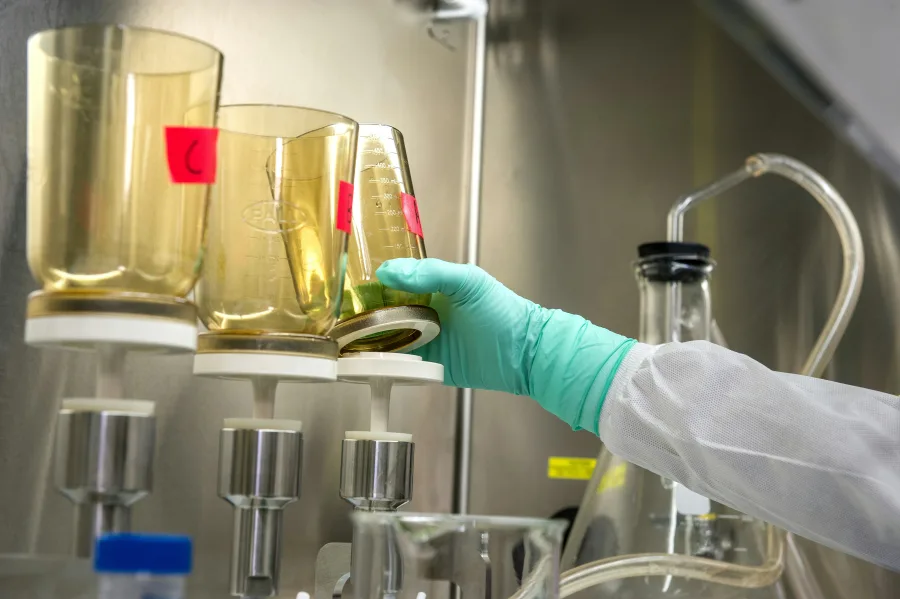 Laboratóriumi technikus címkézett szűrőedényekkel
